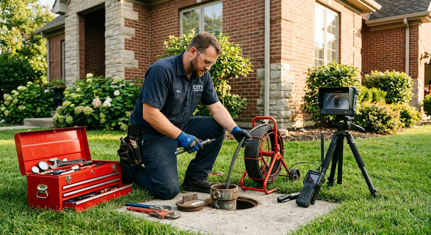 Sewer specialist with camera equipment servicing a cleanout in Ormond Beach
