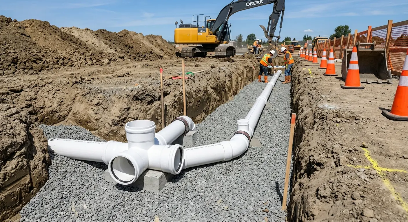 New PVC sewer pipe installation in open trench for Sewer Backup in Ormond Beach