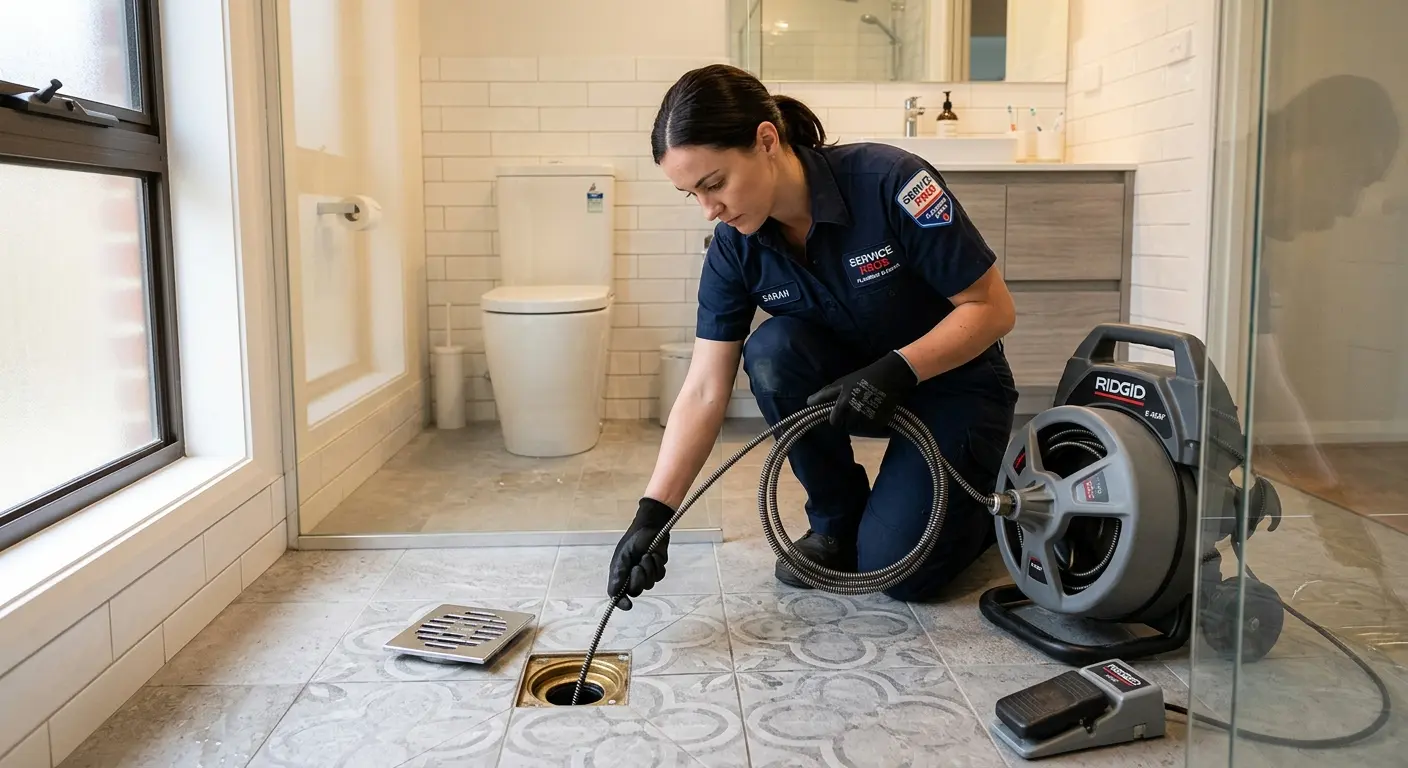Technician clearing a bathroom floor drain for Drain Cleaning in Ormond Beach